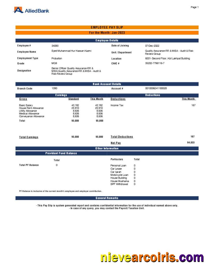 Allied Bank employee payslip